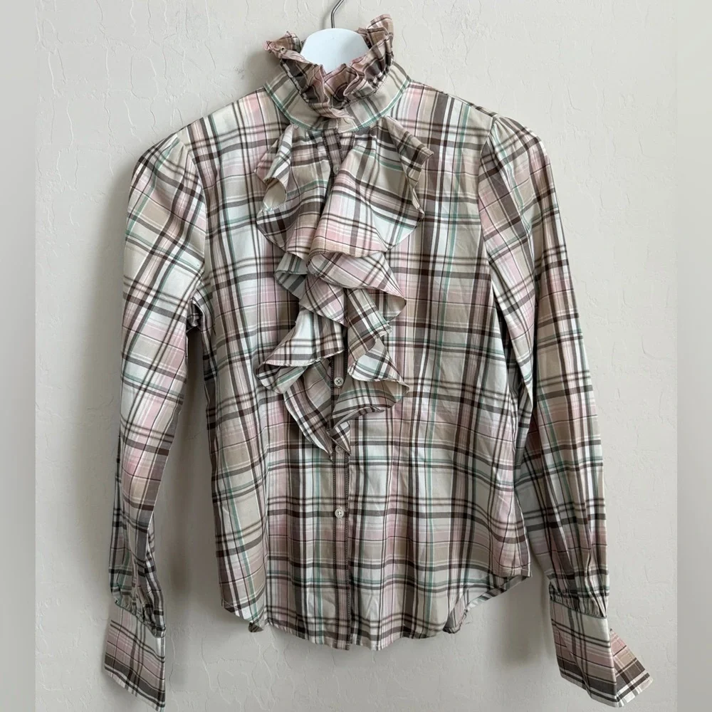 Ralph Lauren Ruffle Collared Button Down Beige Pink Plaid Blouse Petite - Picture 1 of 8